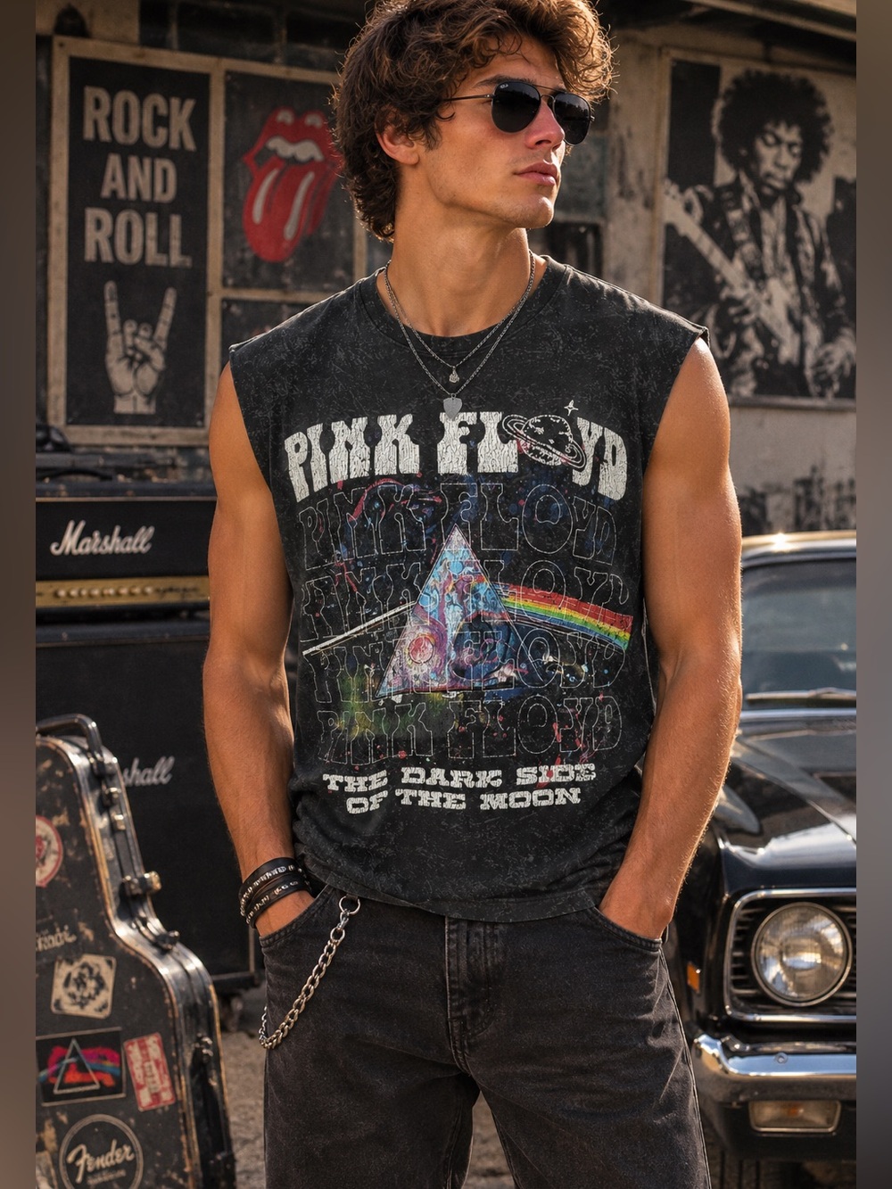 Pink Floyd Black acid wash Tank with Rainbow Prism Graphic size M